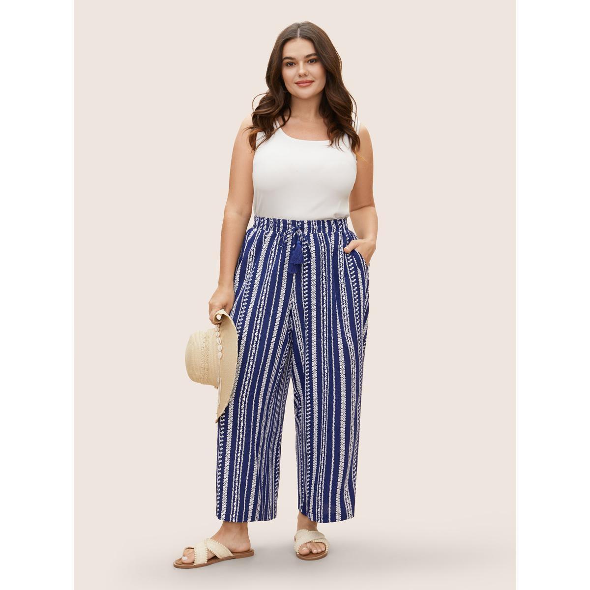 Plus Size Bandana Striped Tassel Drawstring Wide Leg Pants Women DarkBlue Resort Wide Leg Mid Rise Vacation Pants BloomChic 28/5X Product Image