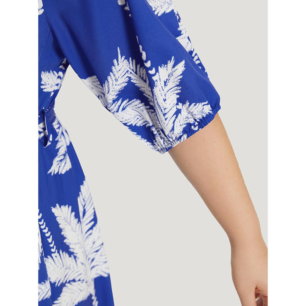 Plus Size Plants Print Notched Pocket Elastic Cuffs Dress Blue Women Vacation Elastic cuffs Notched collar Half Sleeve Curvy Midi Dress BloomChic 14-16/1X Product Image