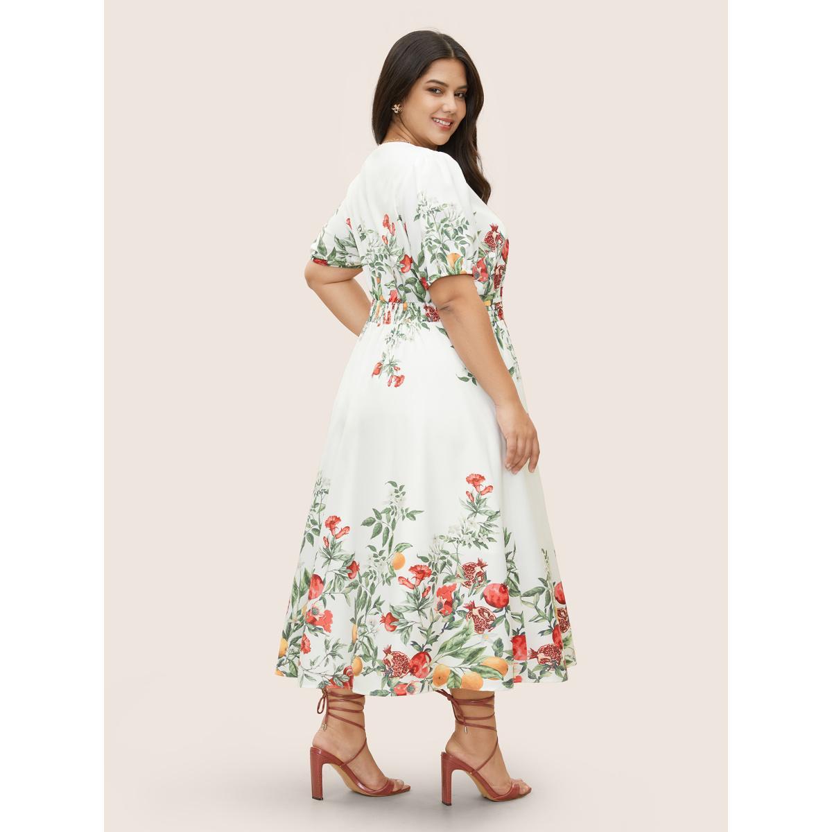Plus Size Citrus Fruit Print Surplice Neck Pleated Dress White Women Elegant Overlapping Overlap Collar Short sleeve Curvy BloomChic 18-20/2X Product Image
