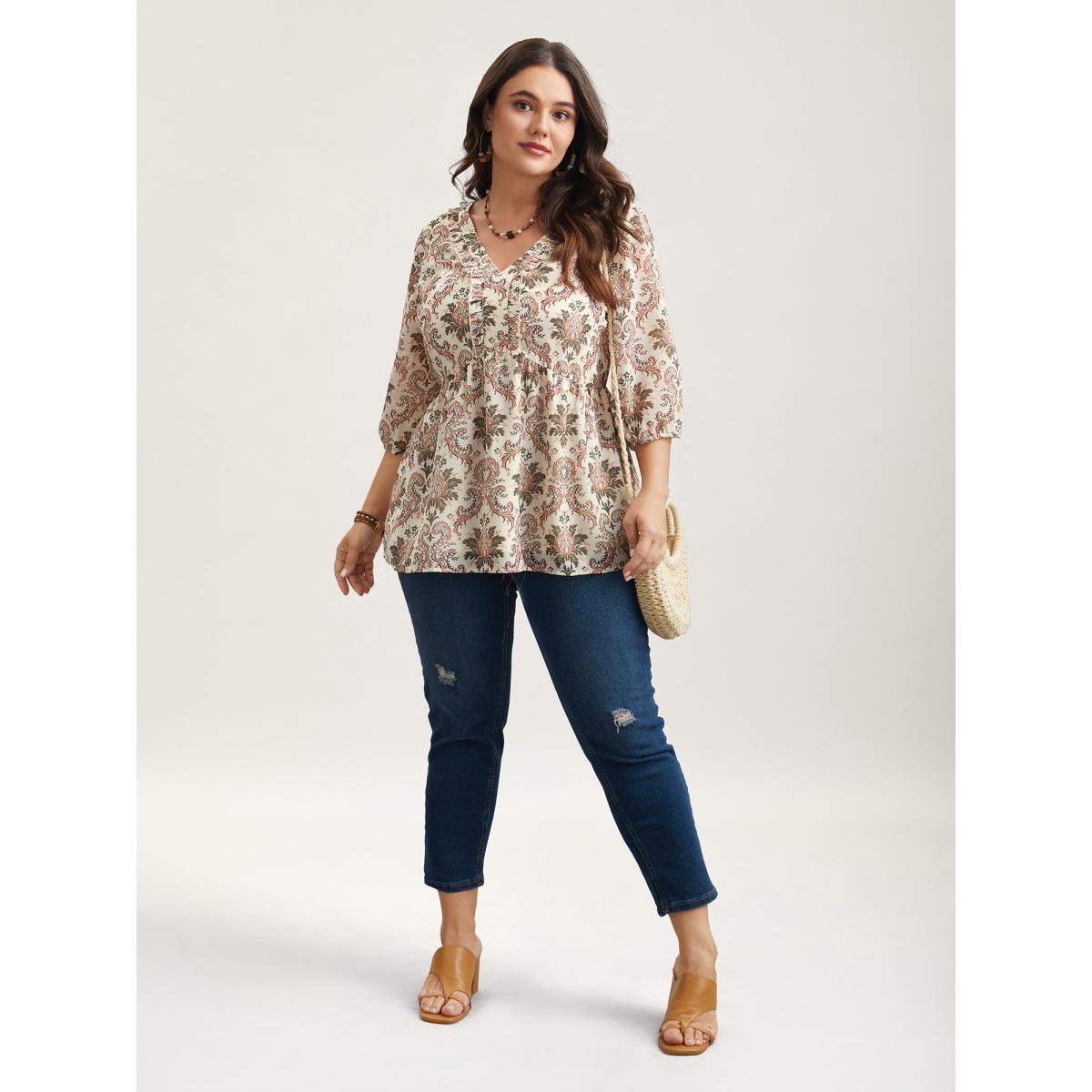Plus Size Beige Ornate Print Stretchy Waist Lined Shirt Women Resort Elbow-length sleeve Deep V-neck Vacation Blouses BloomChic 10/M Product Image