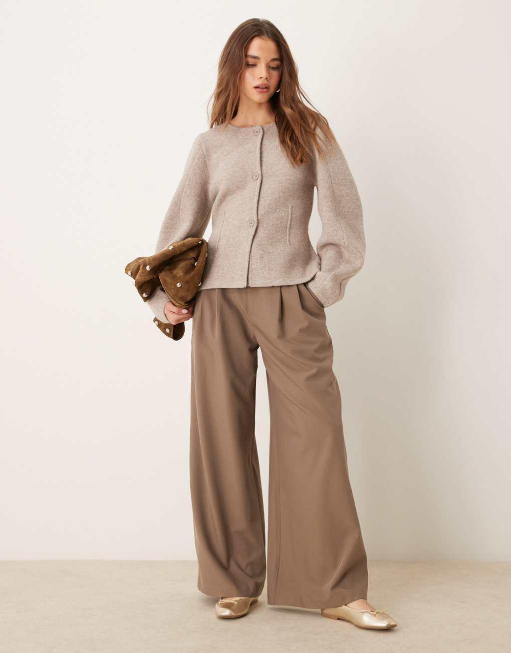 ASOS DESIGN knit structured crew neck cardigan in mocha Product Image