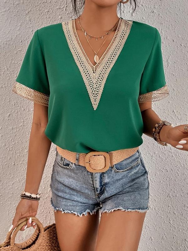Casual Loose Lace Split-Joint V-Neck T-Shirts Tops Product Image