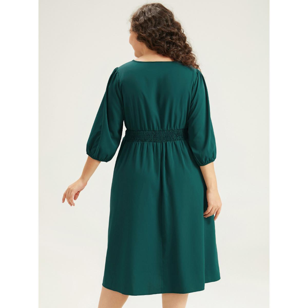 Plus Size Twill Flutter Shirred Asymmetrical Layered Hem Dress Teal Women At the Office Elastic cuffs Round Neck Elbow-length sleeve Curvy Midi Dress BloomChic 26/4X Product Image