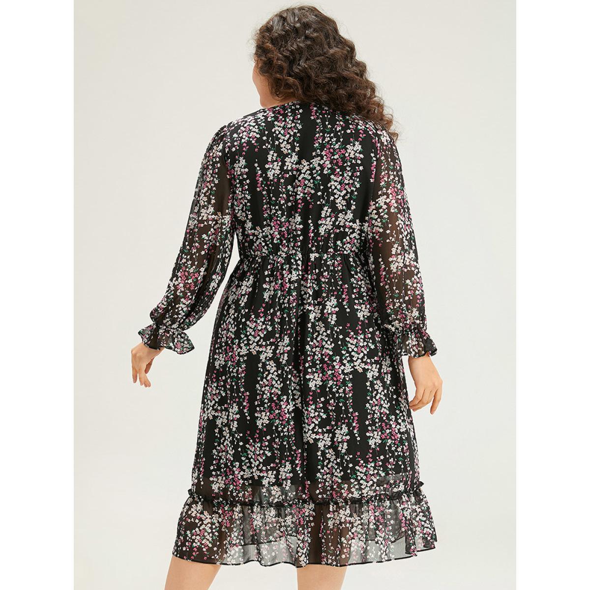 Plus Size Ditsy Floral Chiffon Patchwork Frill Trim Dress Black Women Elegant See through V-neck Long Sleeve Curvy Midi Dress BloomChic 12/L Product Image