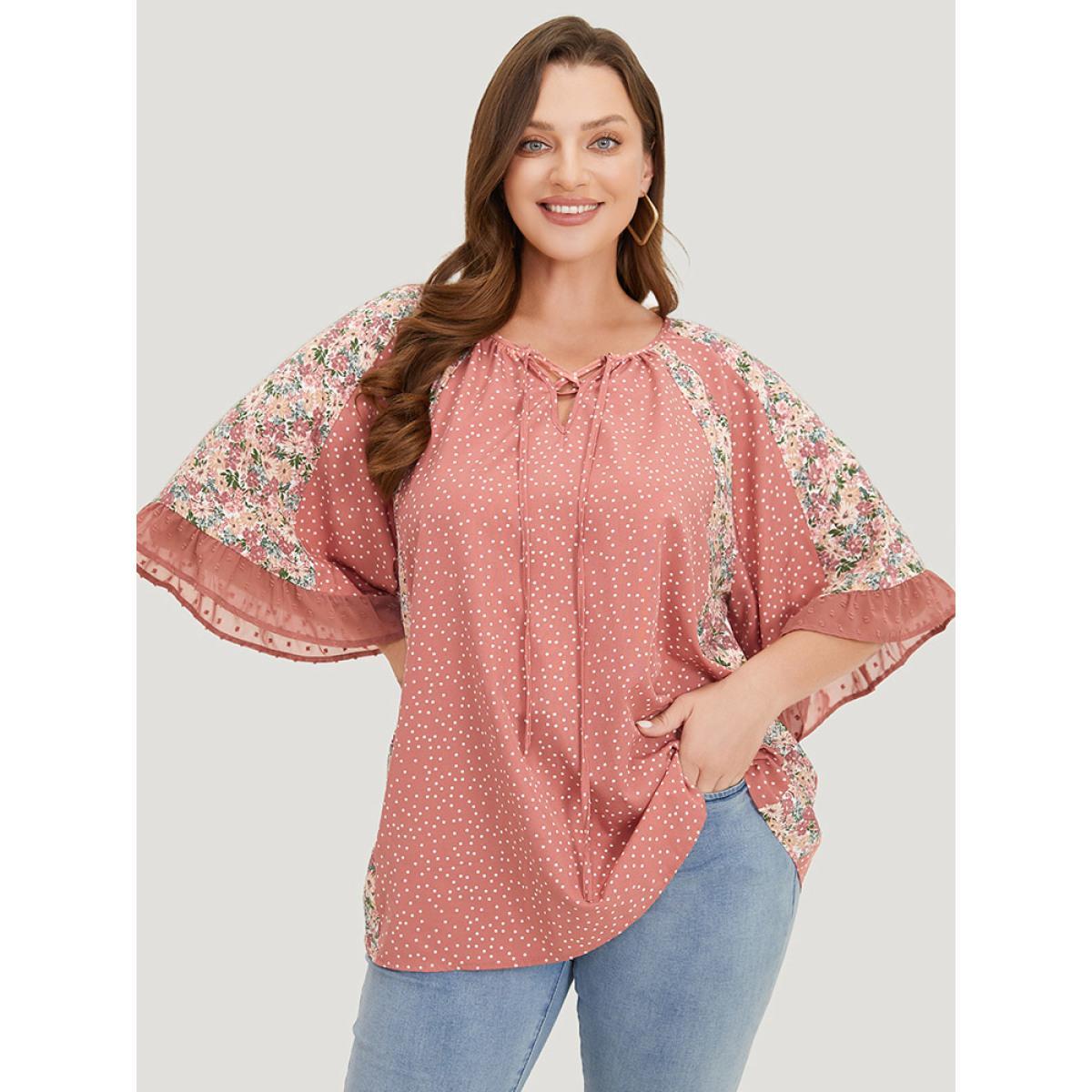 Plus Size Rouge Polka Dot & Ditsy Floral Flounce Sleeve Lace Up Blouse Women Elegant Half Sleeve Tie Neck Dailywear Blouses BloomChic 14-16/1X Product Image