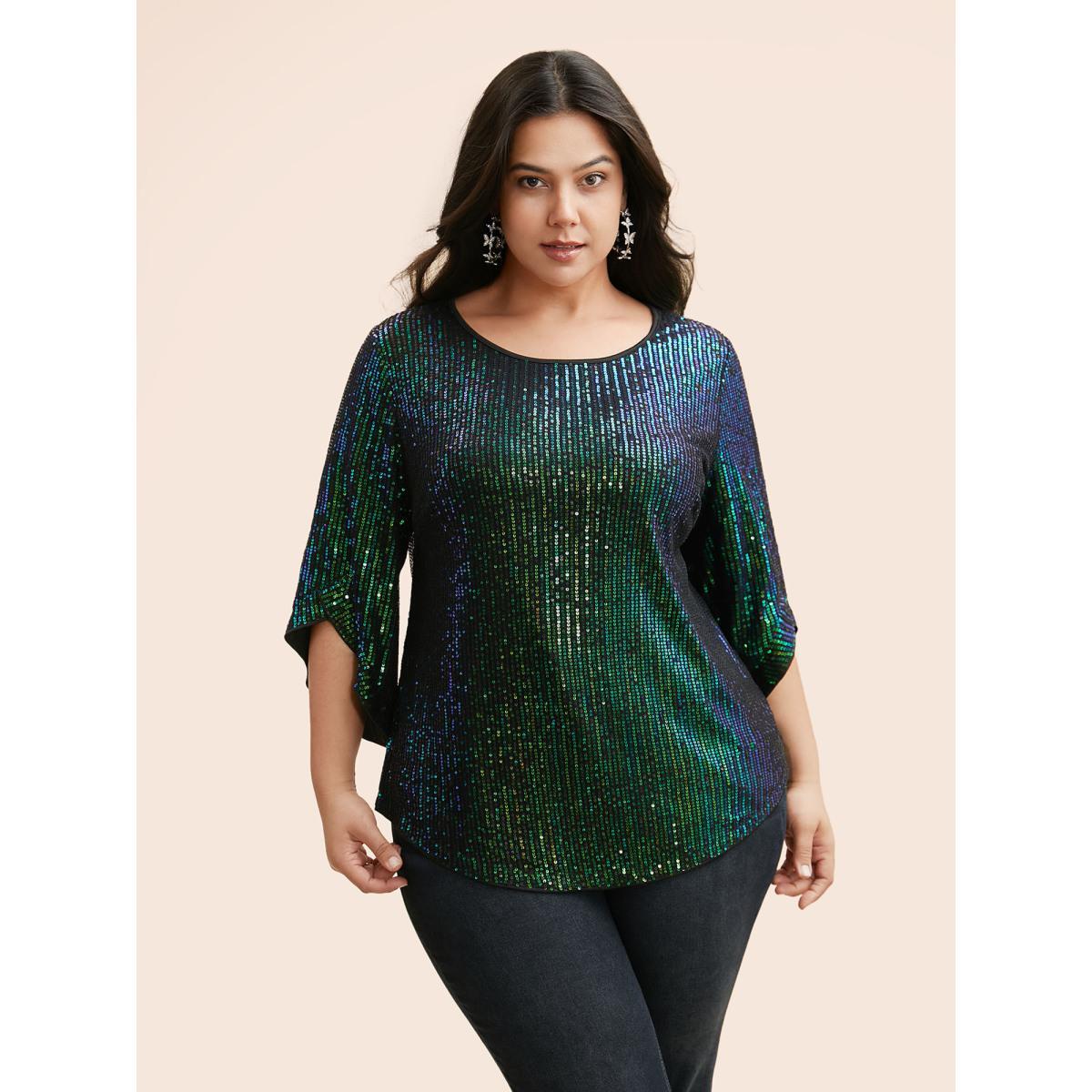 Plus Size DarkGreen Round Neck Sequin Bell Sleeve Blouse Women Cocktail Elbow-length sleeve Round Neck Party Blouses BloomChic 12/L Product Image