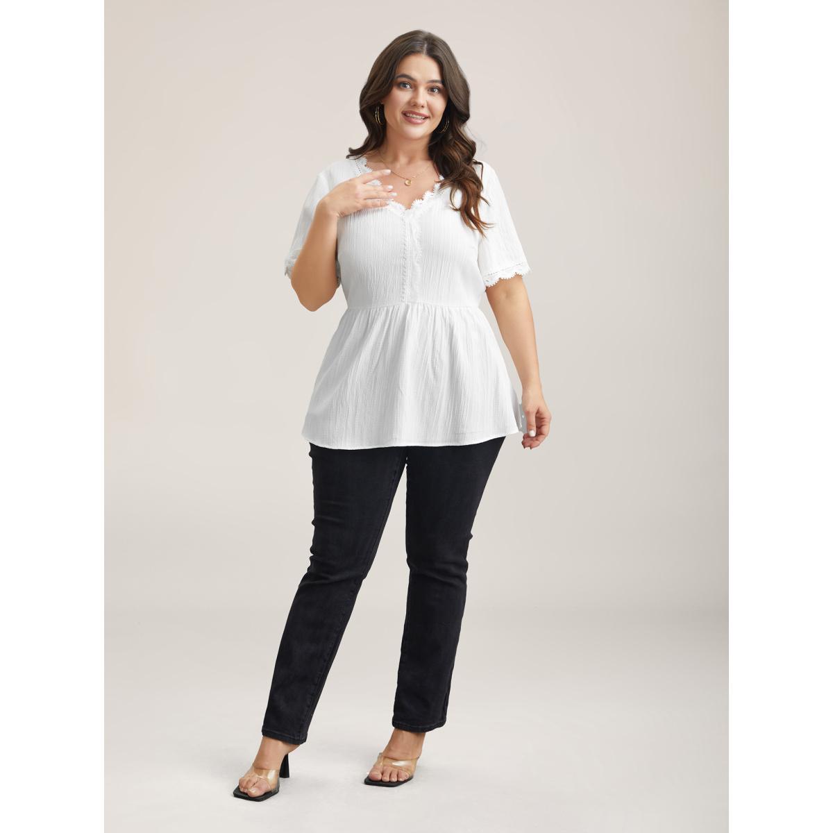 Plus Size Beige Scalloped Lace Textured Sheer Flared Shirt Women Casual Short sleeve V-neck Everyday Blouses BloomChic 14-16/1X Product Image