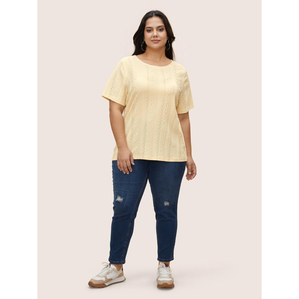 Plus Size Plain Textured Crew Neck T-shirt Yellow Women Casual Texture Round Neck Everyday T-shirts BloomChic 28/5X Product Image