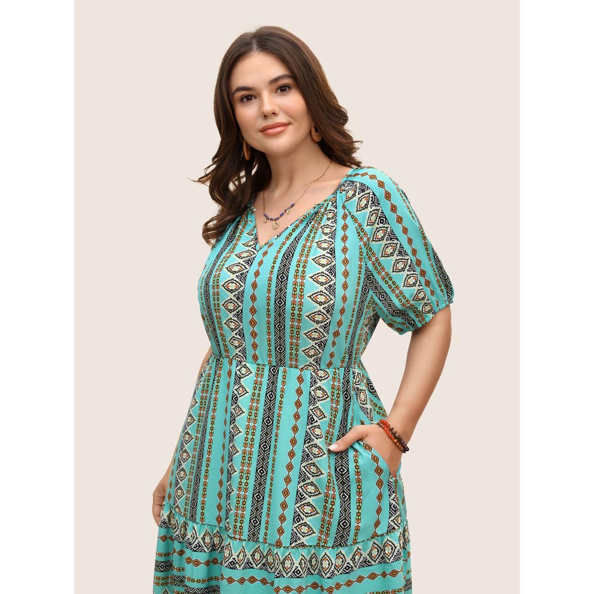 Plus Size Bandana Print Elastic Waist Gathered Puff Sleeve Dress Malachitegreen Women Resort Gathered Flat collar with V-notch Short sleeve Curvy BloomChic 22-24/3X Product Image
