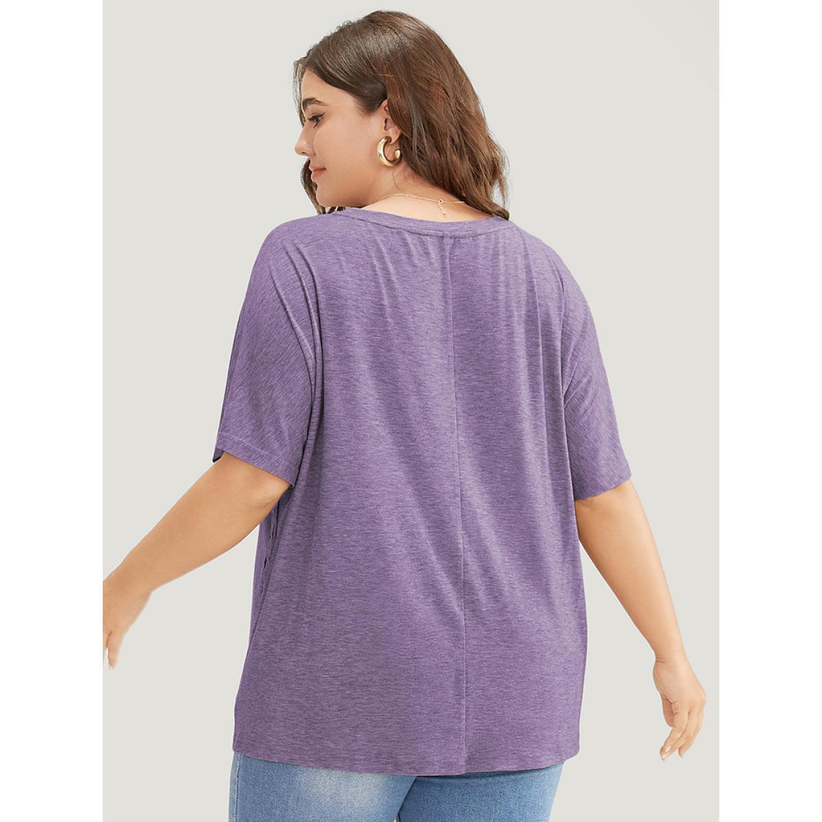 Plus Size Solid Contrast Lace Ruffle Sleeve T-shirt Mauve Women Elegant Lace Plain Round Neck Everyday T-shirts BloomChic 30/6X Product Image