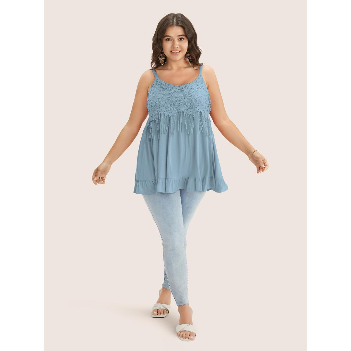 Plus Size Plain Contrast Lace Ruffle Hem Cami Top Women Stone Elegant Non Everyday Tank Tops Camis BloomChic 12/L Product Image