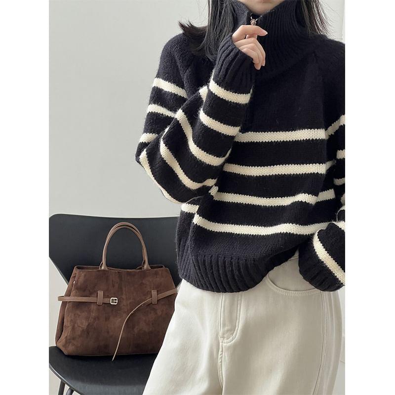 Stand Collar Striped Half Zip Sweater Product Image