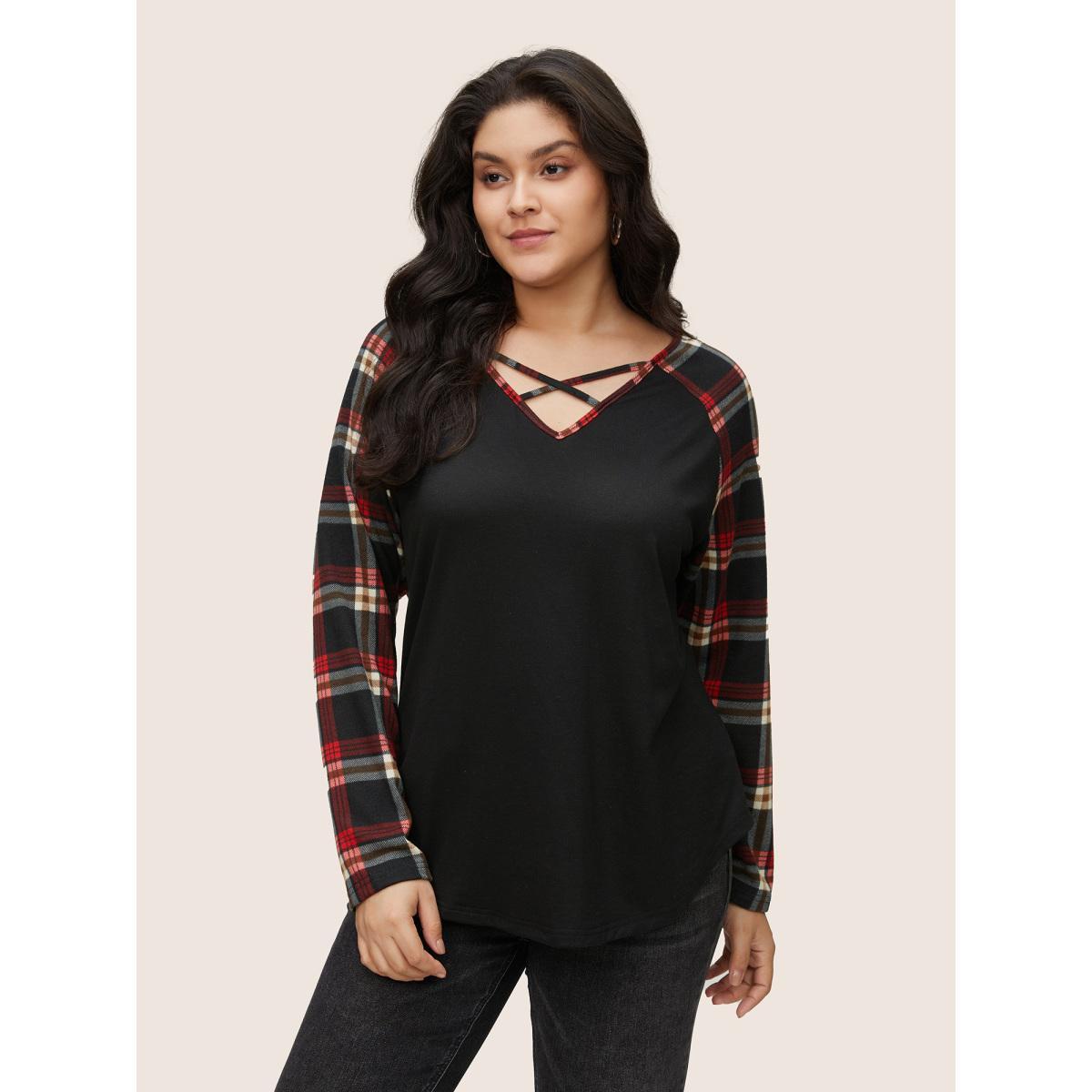 Plus Size Plaid Patchwork Raglan Sleeve Crisscross T-shirt Burgundy Women Casual Patchwork Plaid V-neck Dailywear T-shirts BloomChic 28/5X Product Image