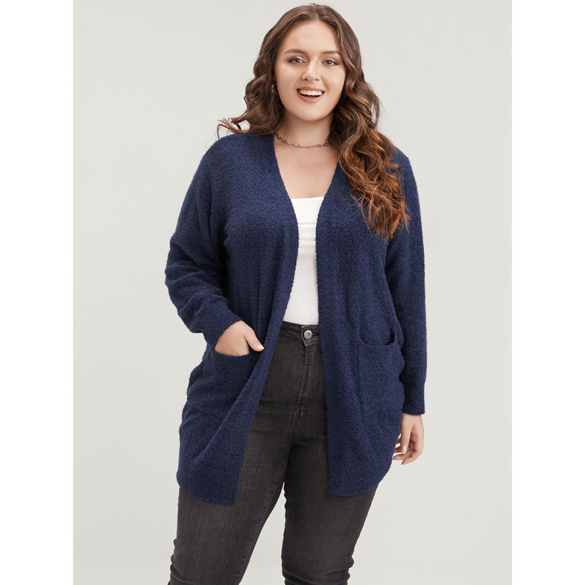 Plus Size Solid Super Soft Plush Knit Open Front Cardigan DarkBlue Women Casual Loose Long Sleeve Work Cardigans BloomChic 14-16/1X Product Image