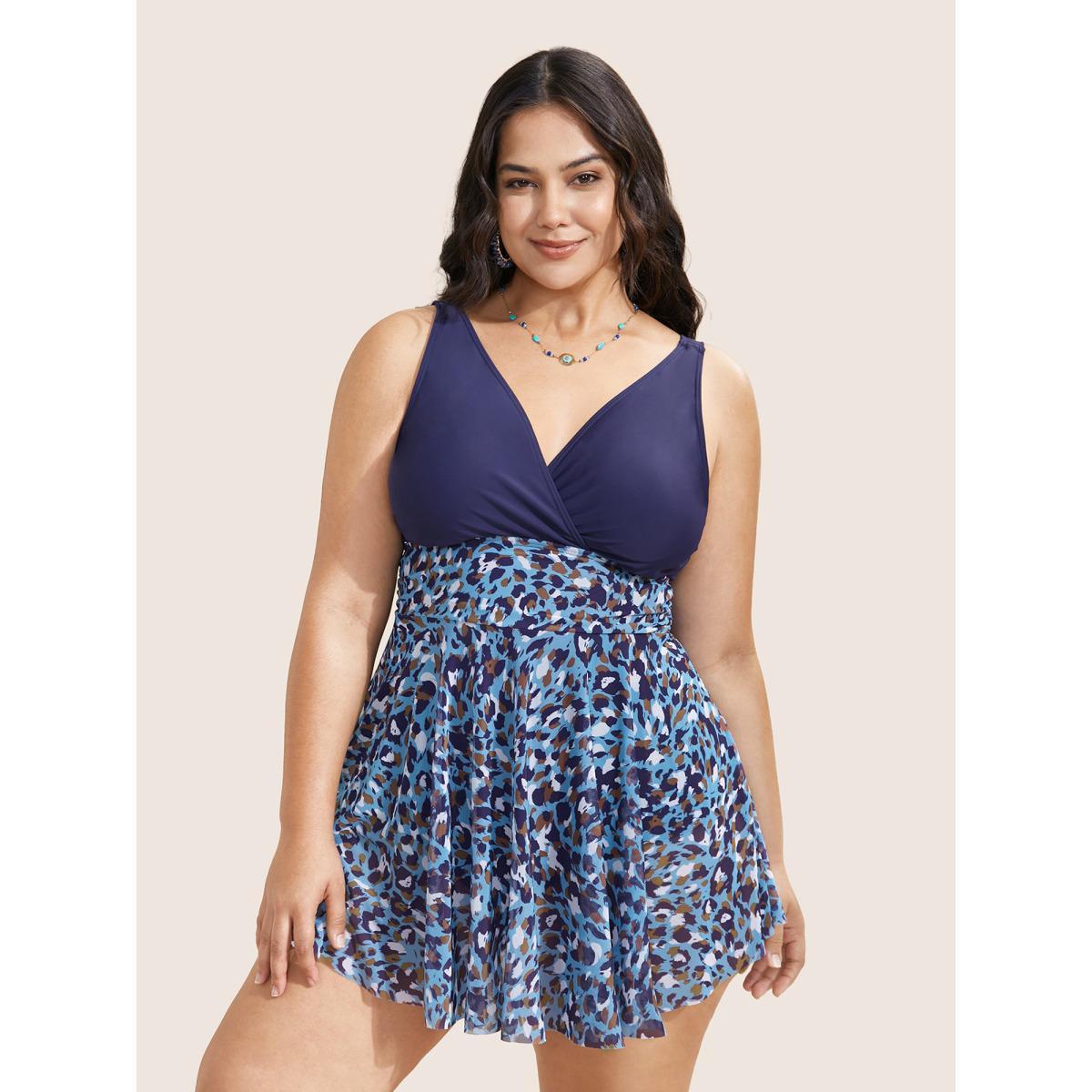 Plus Size V Neck Leopard Print Patchwork Swim Dress Women's Swimwear Indigo Beach Bodycon Overlap Collar High stretch Curve Swim Dresses BloomChic 10/M Product Image