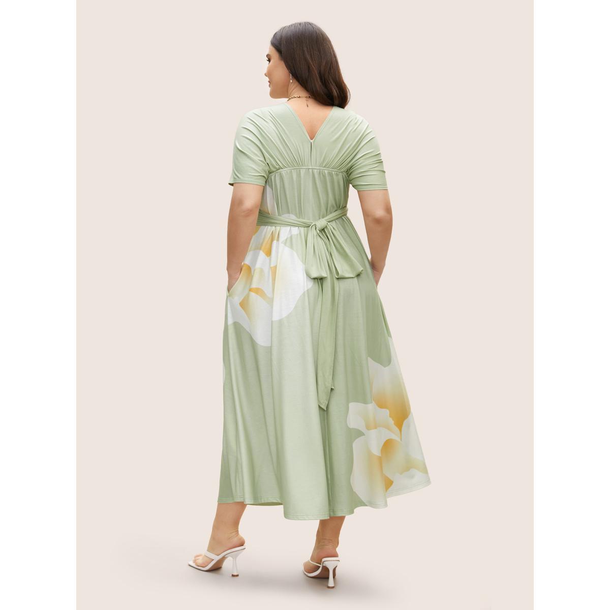 Plus Size Everywhere Dress - Floral Mesh Ties Dress Mint Women Elegant Belted Non Sleeveless Curvy BloomChic 30/6X Product Image