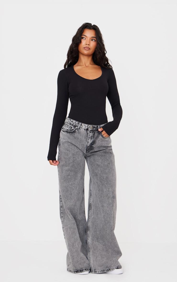 Basic Black Cotton Blend V Neck Long Sleeve Bodysuit Product Image