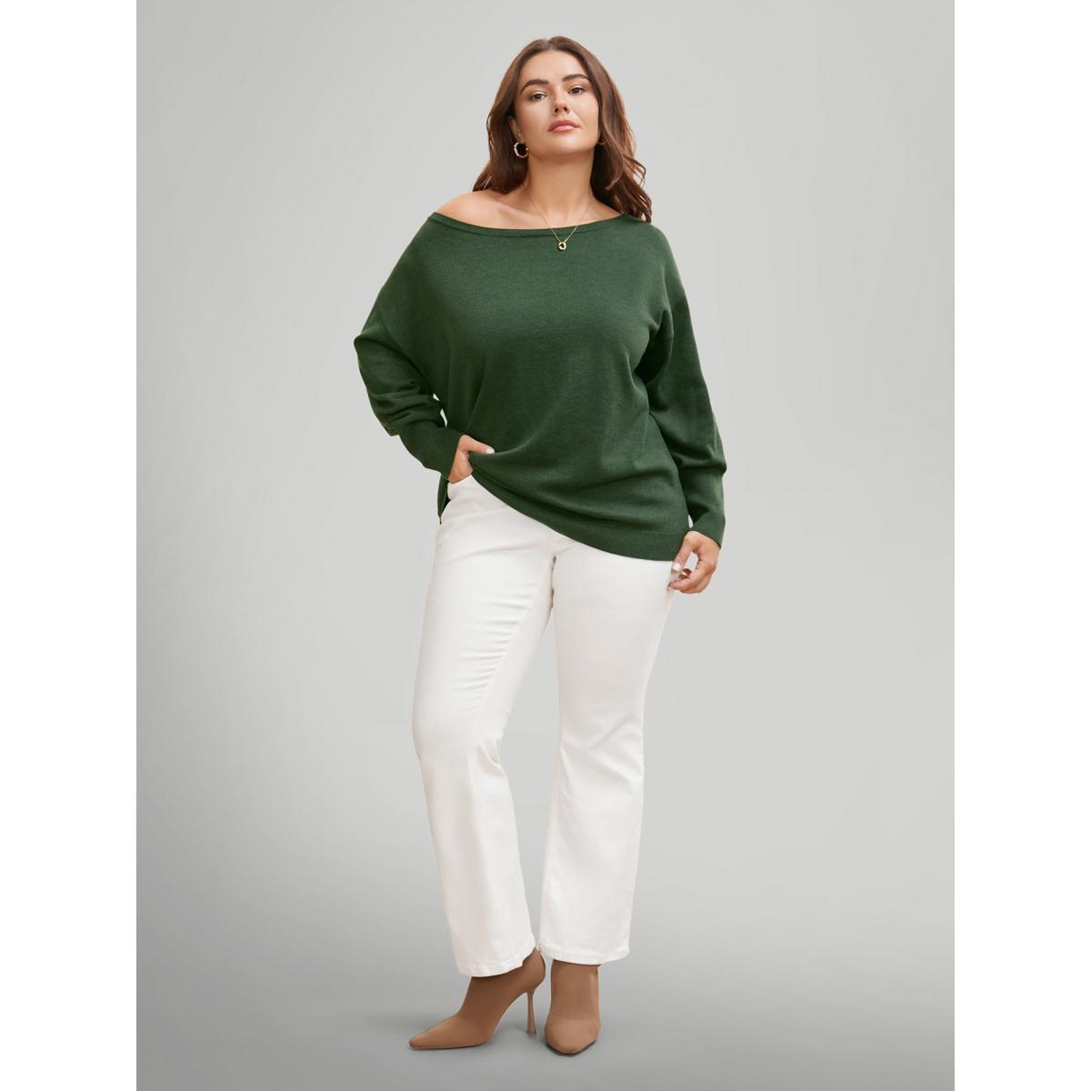 Plus Size Supersoft Essentials Boat Neck Drop Shoulder Pullover ArmyGreen Women Elegant Long Sleeve Boat Neck Everyday Pullovers BloomChic 14-16/1X Product Image