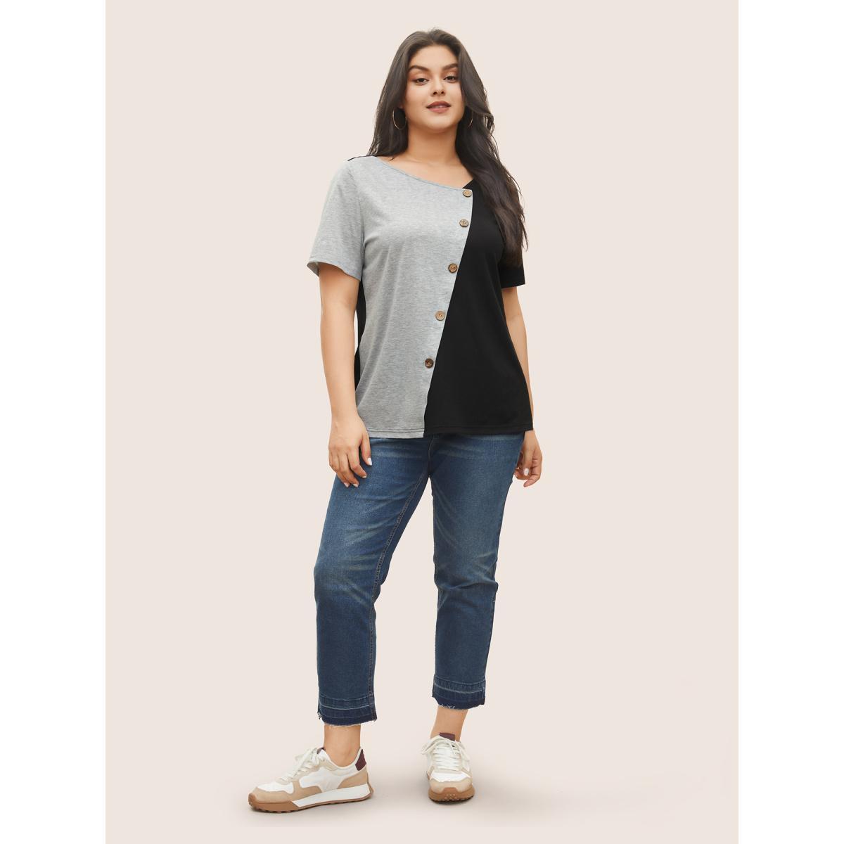 Plus Size Two Tone Button Detail Asymmetrical Neck T-shirt Black Women Casual Contrast Plain Asymmetrical Neck Everyday T-shirts BloomChic 14-16/1X Product Image