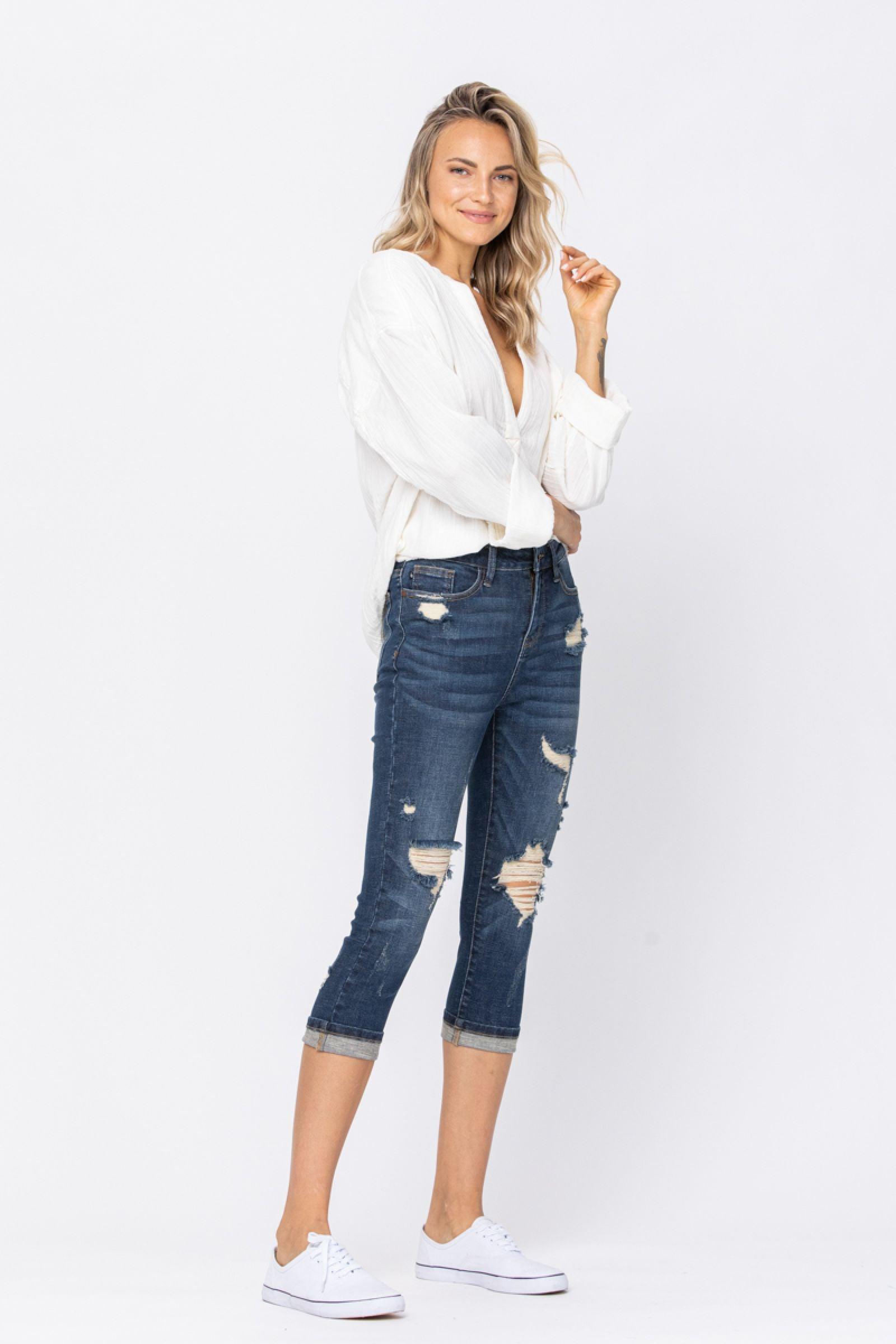 Chevelle Hi-Rise Cuffed Distressed Judy Blue Capri Jeans Product Image