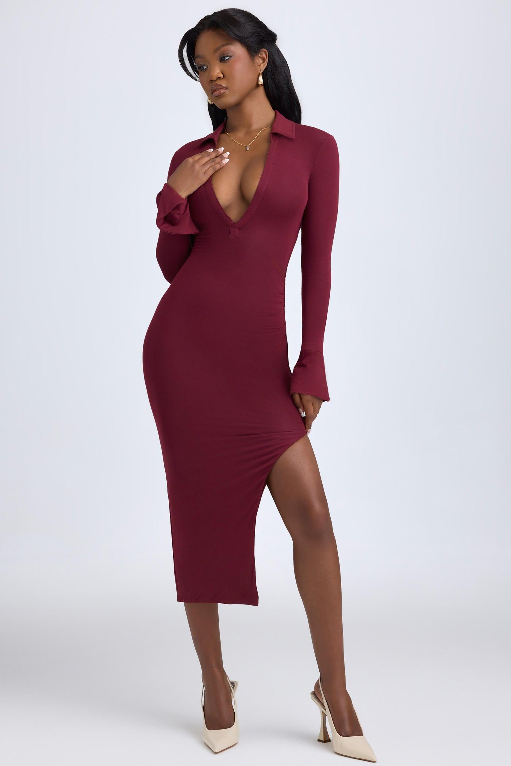Modal Plunge V-Neck Midaxi Dress in Wine Red Product Image