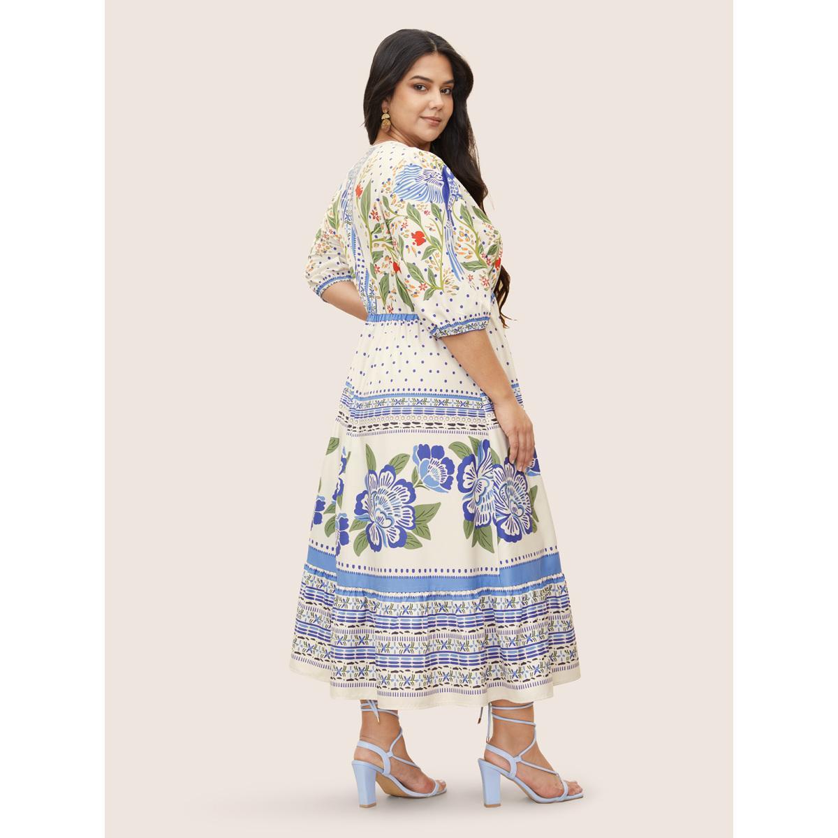 Plus Size V Neck Floral Print Elastic Waist Lantern Sleeve Dress Blue Women Resort Gathered V-neck Sleeveless Curvy Midi Dress BloomChic 12/L Product Image