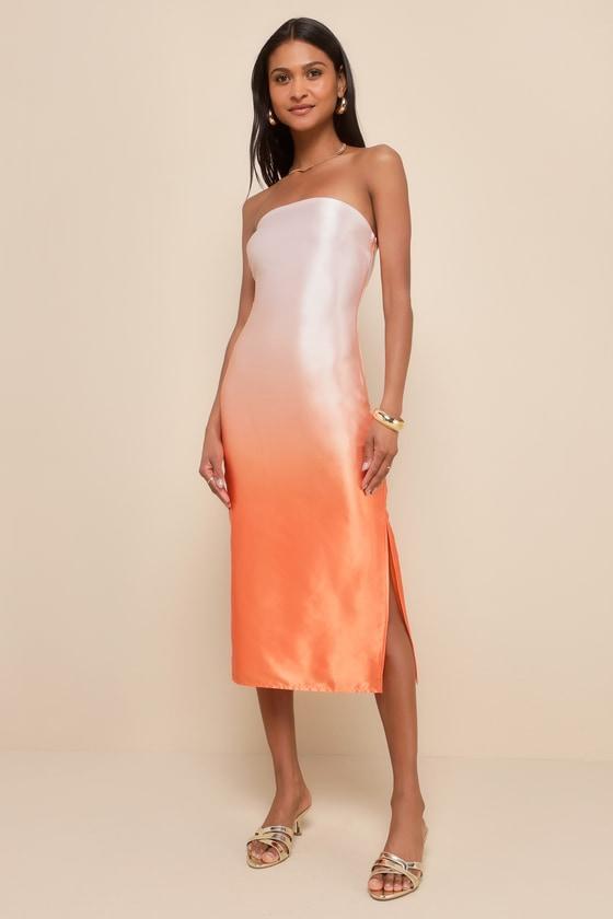 Oriana Light Blue Floral Satin Strapless Midi Dress Product Image