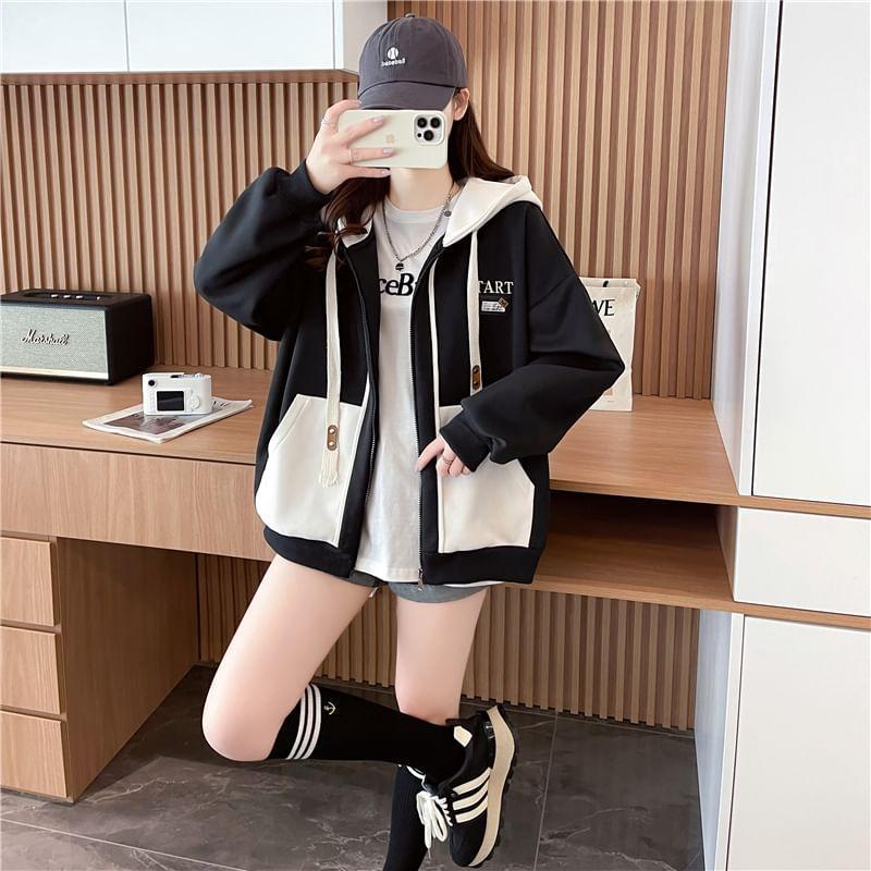 Two Tone Lettering Embroidered Zip-Up Hoodie Product Image