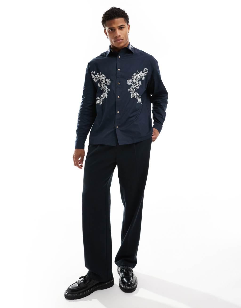 ASOS DESIGN 90s oversized shirt with floral embroidery in navy Product Image