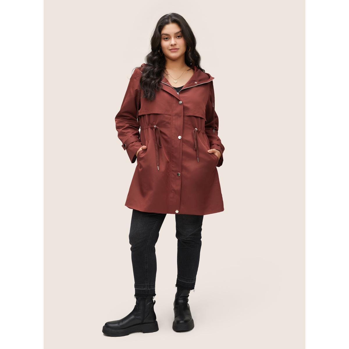Plus Size Solid Hooded Button Up Drawstring Coat Women Burgundy Casual Non Ladies Everyday Winter Coats BloomChic 18-20/2X Product Image