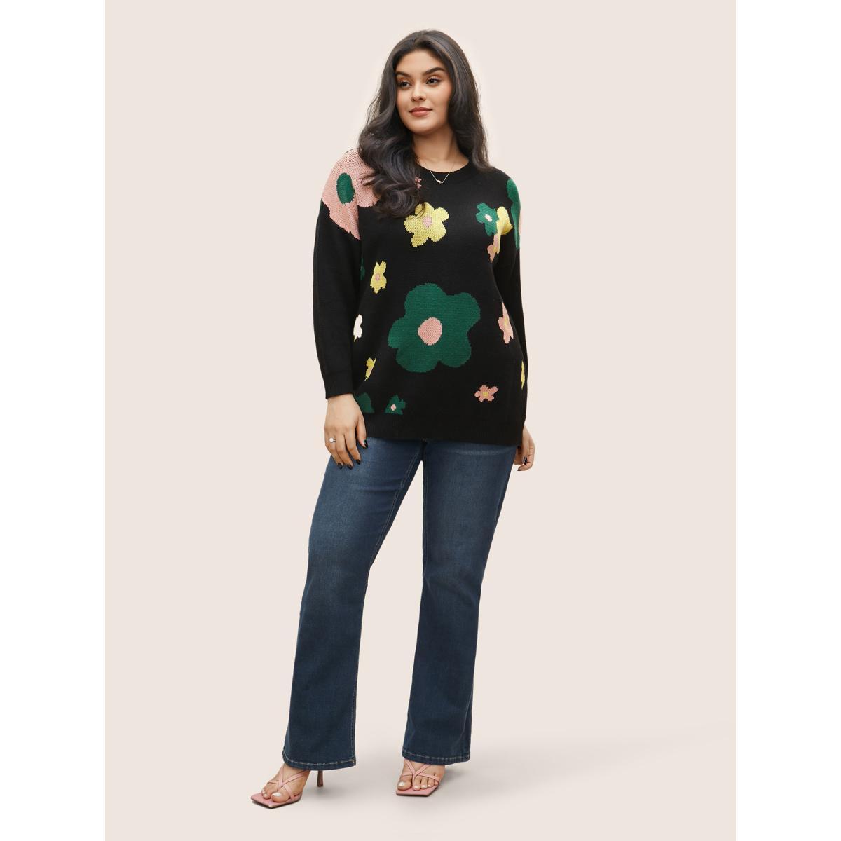 Plus Size Supersoft Essentials Colour Floral Drop Shoulder Pullover Black Women Casual Loose Long Sleeve Round Neck Everyday Pullovers BloomChic 22-24/3X Product Image