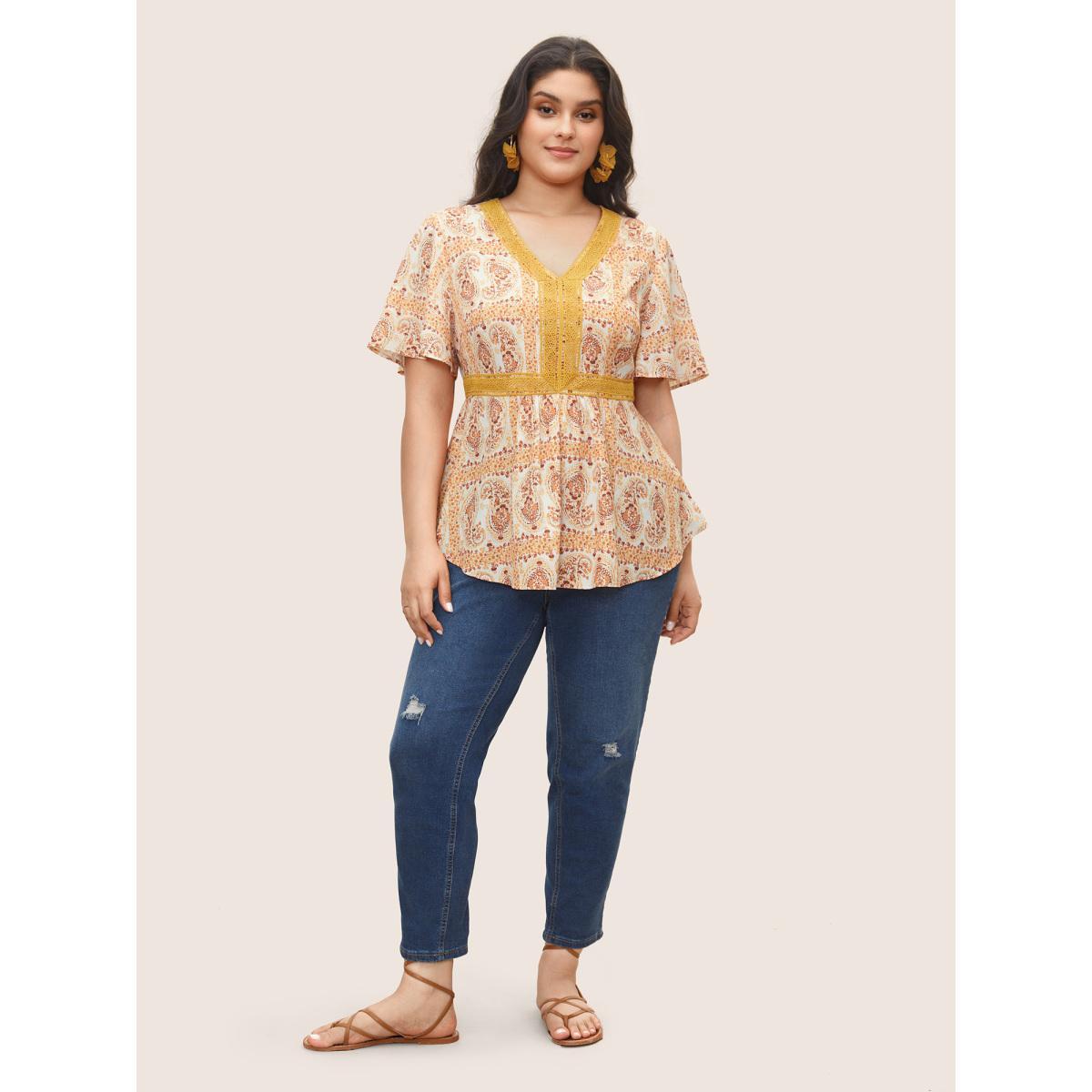 Plus Size Orange Boho Print Lace Trim Gathered Blouse Women Resort Short sleeve V-neck Vacation Blouses BloomChic 22-24/3X Product Image