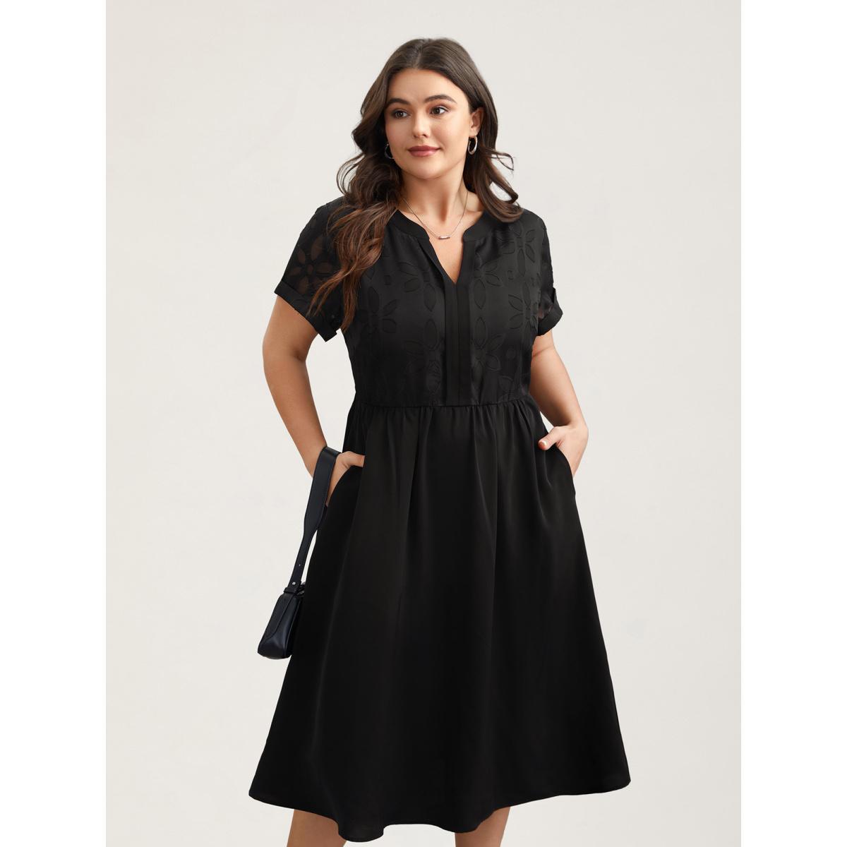 Plus Size Sheer Back Textured Cut-Out Midi Dress Black Women At the Office Texture Notched collar Short sleeve Curvy BloomChic 10/M Product Image