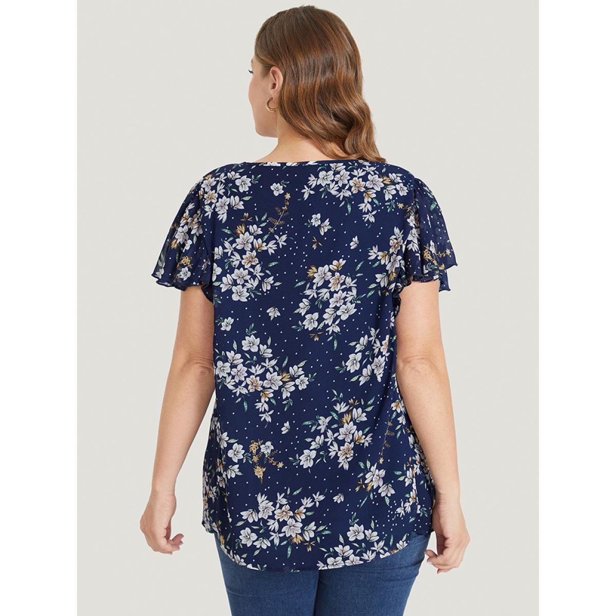 Plus Size Indigo Floral Printed Ruffle Sleeve Round Neck Blouse Women Elegant Short sleeve Round Neck Dailywear Blouses BloomChic 28/5X Product Image