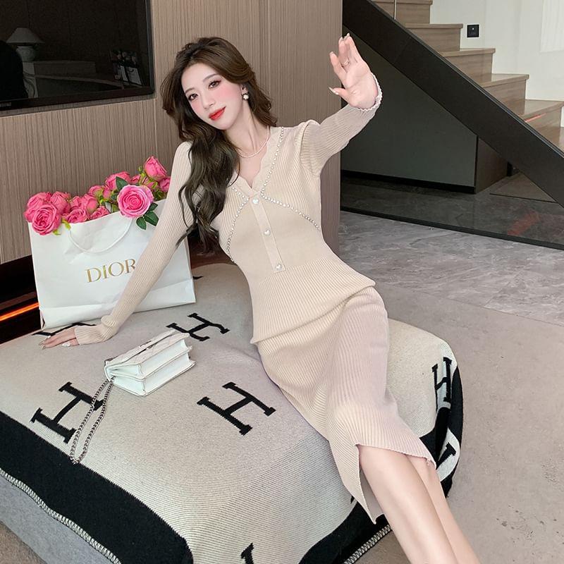 Long Sleeve V-Neck Plain Rhinestone Button Ribbed Knit Midi Sheath Dress Product Image