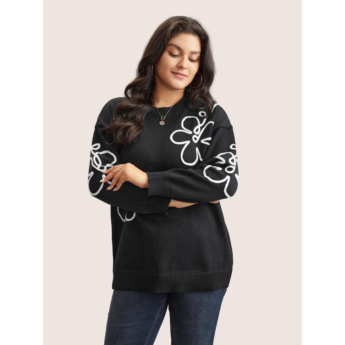 Plus Size Supersoft Essentials Floral Embroidered Crew Neck Pullover Black Women Casual Loose Long Sleeve Round Neck Everyday Pullovers BloomChic 28/5X Product Image