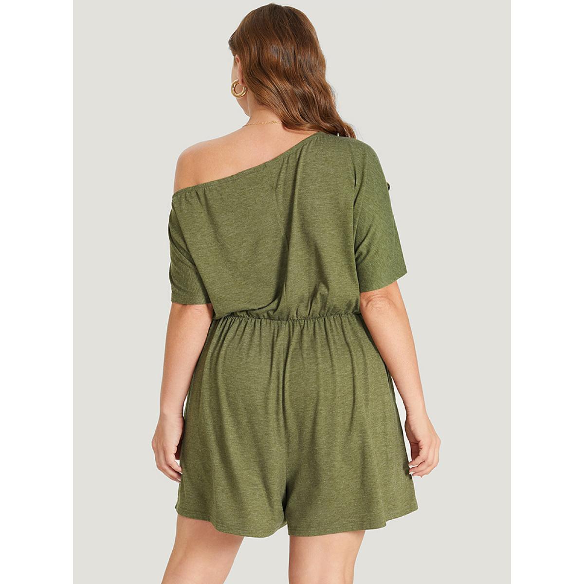 Plus Size ArmyGreen Solid Button Detail Pocket Knot Front One Shoulder Romper Women Casual Short sleeve One Shoulder Dailywear Loose Jumpsuits BloomChic 10/M Product Image