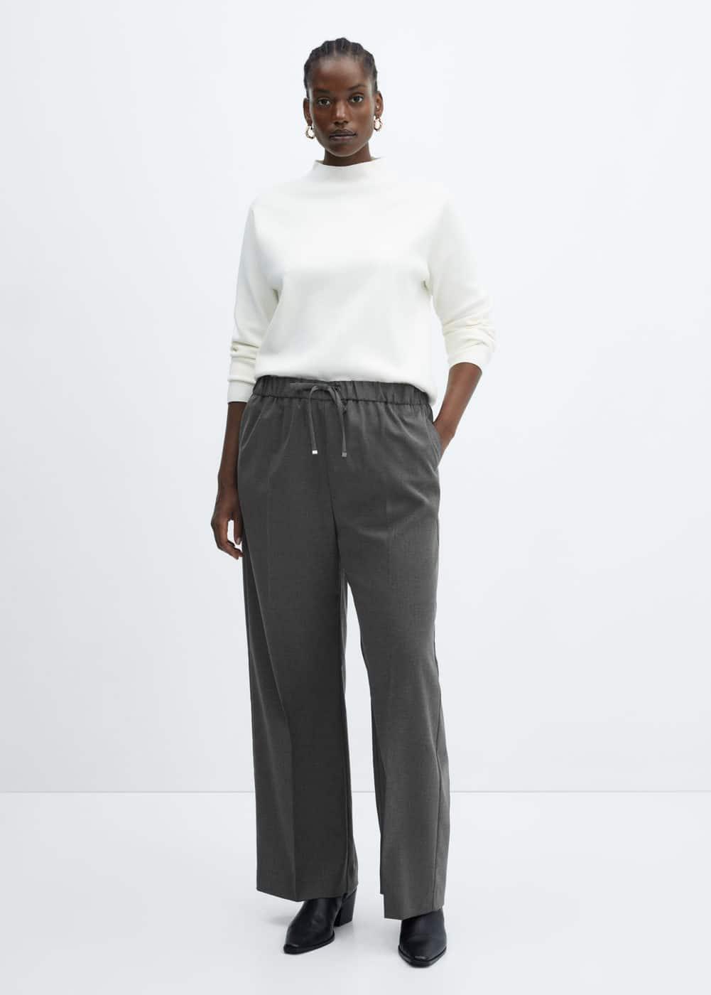 Mango Womens Elastic Waist Wideleg Pants Product Image