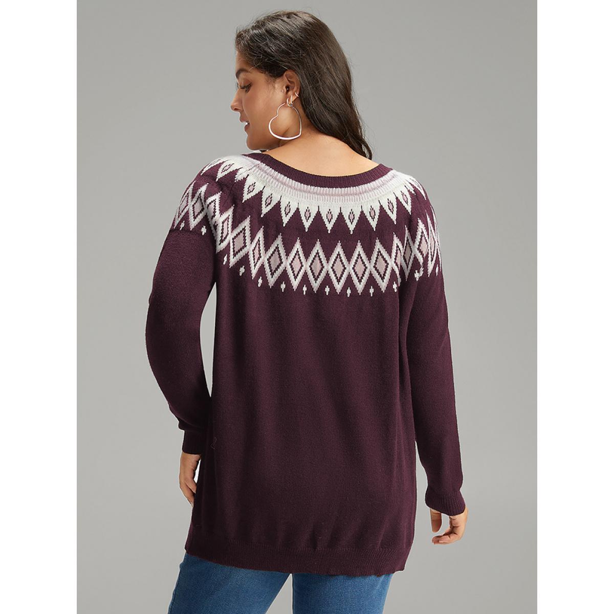 Plus Size Supersoft Essentials Geo Contrast Raglan Sleeve Pullover Eggplant Women Casual Loose Long Sleeve Round Neck Dailywear Pullovers BloomChic 22-24/3X Product Image