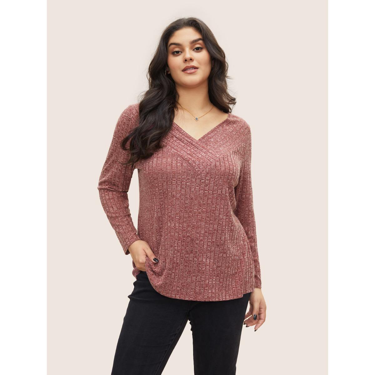 Plus Size Heather Plisse Long Sleeve T-shirt Russet Women Elegant Non Colorblock V-neck Everyday T-shirts BloomChic 18-20/2X Product Image