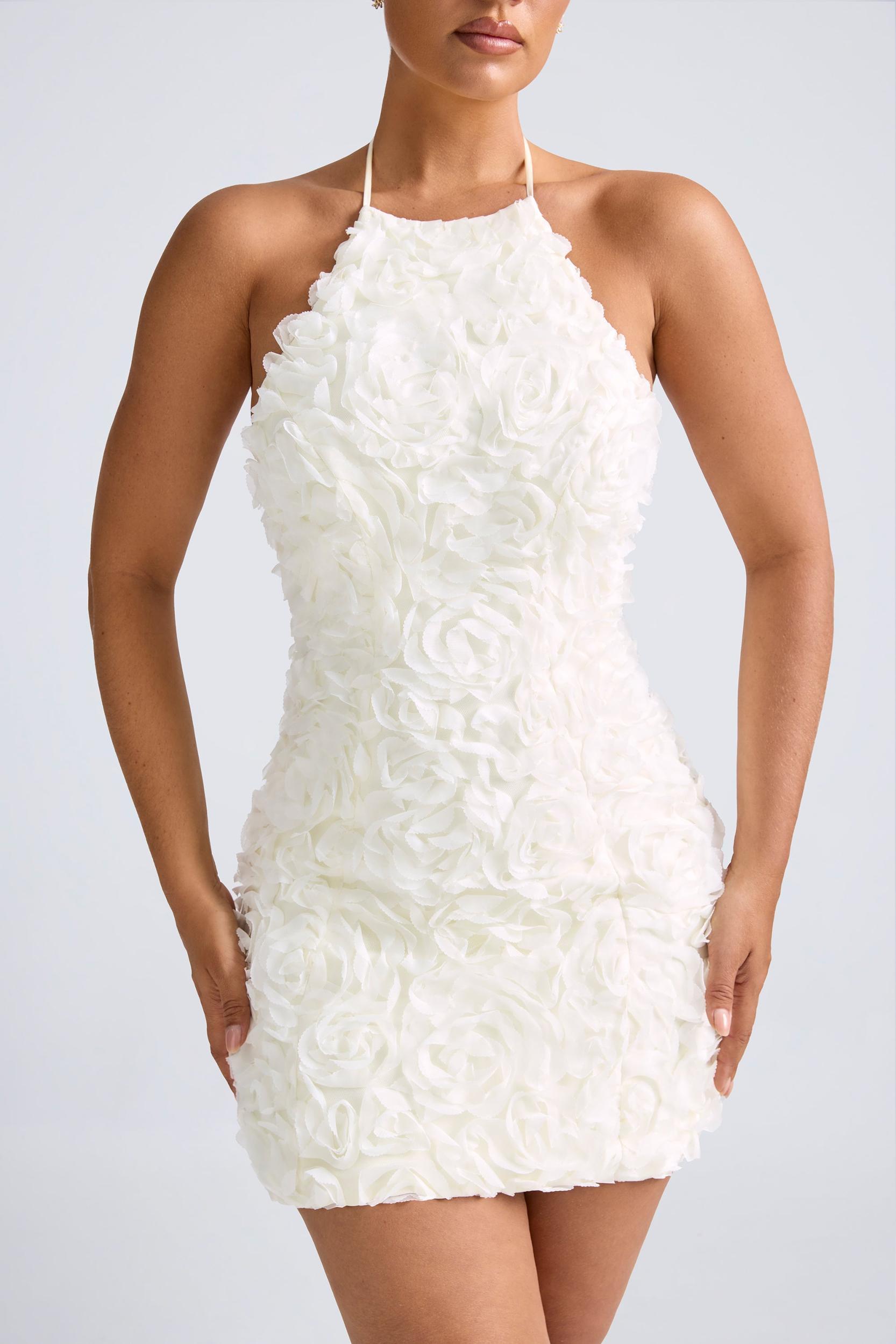 Floral-Appliqué Halterneck A-Line Mini Dress in White Product Image