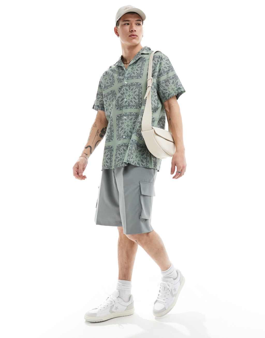 ASOS DESIGN relaxed revere shirt with tile bandana print in sage Product Image