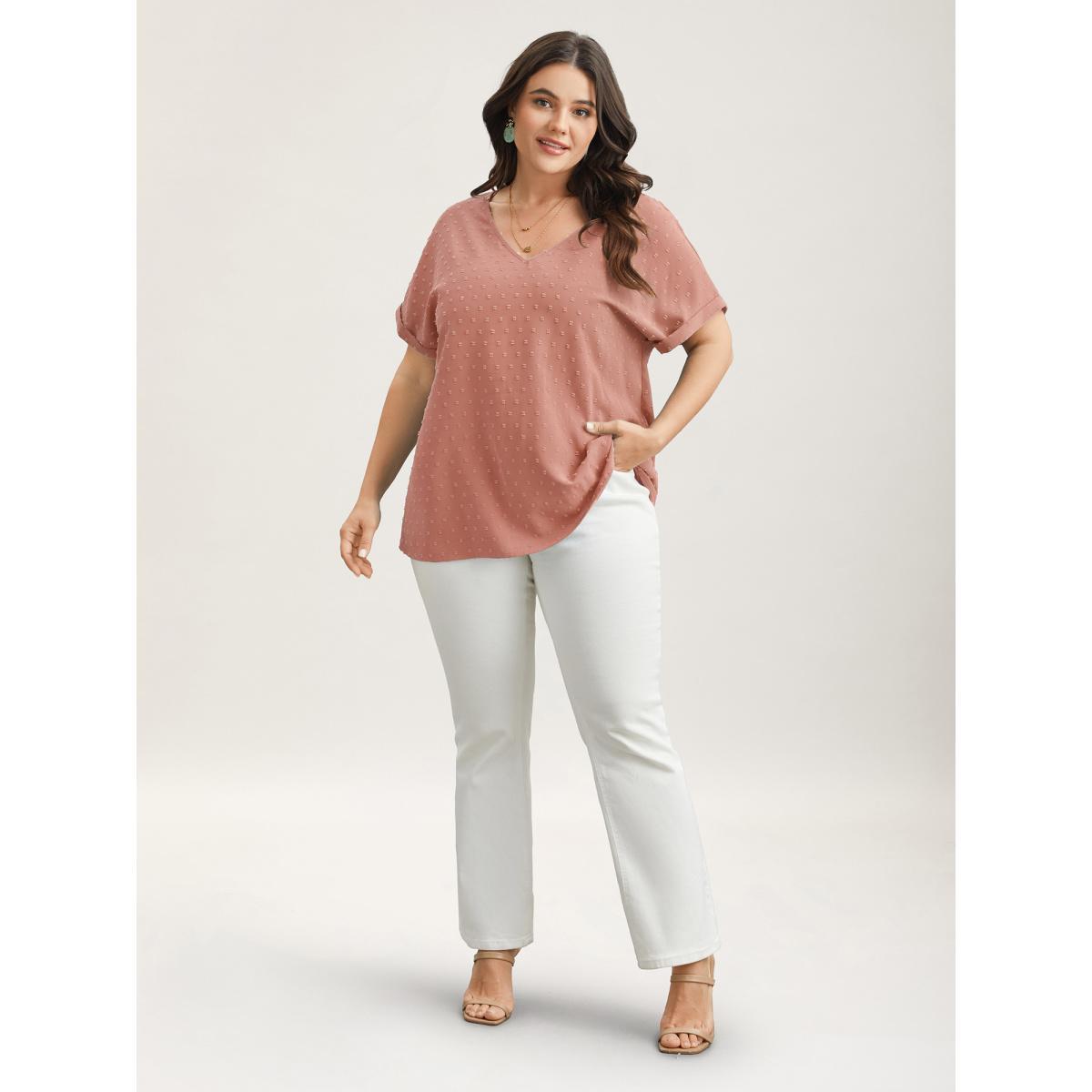 Plus Size Crepe Back-Button Textured V-Neck Shirt Women Elegant Short sleeve V-neck Everyday Blouses BloomChic 14-16/1X Product Image