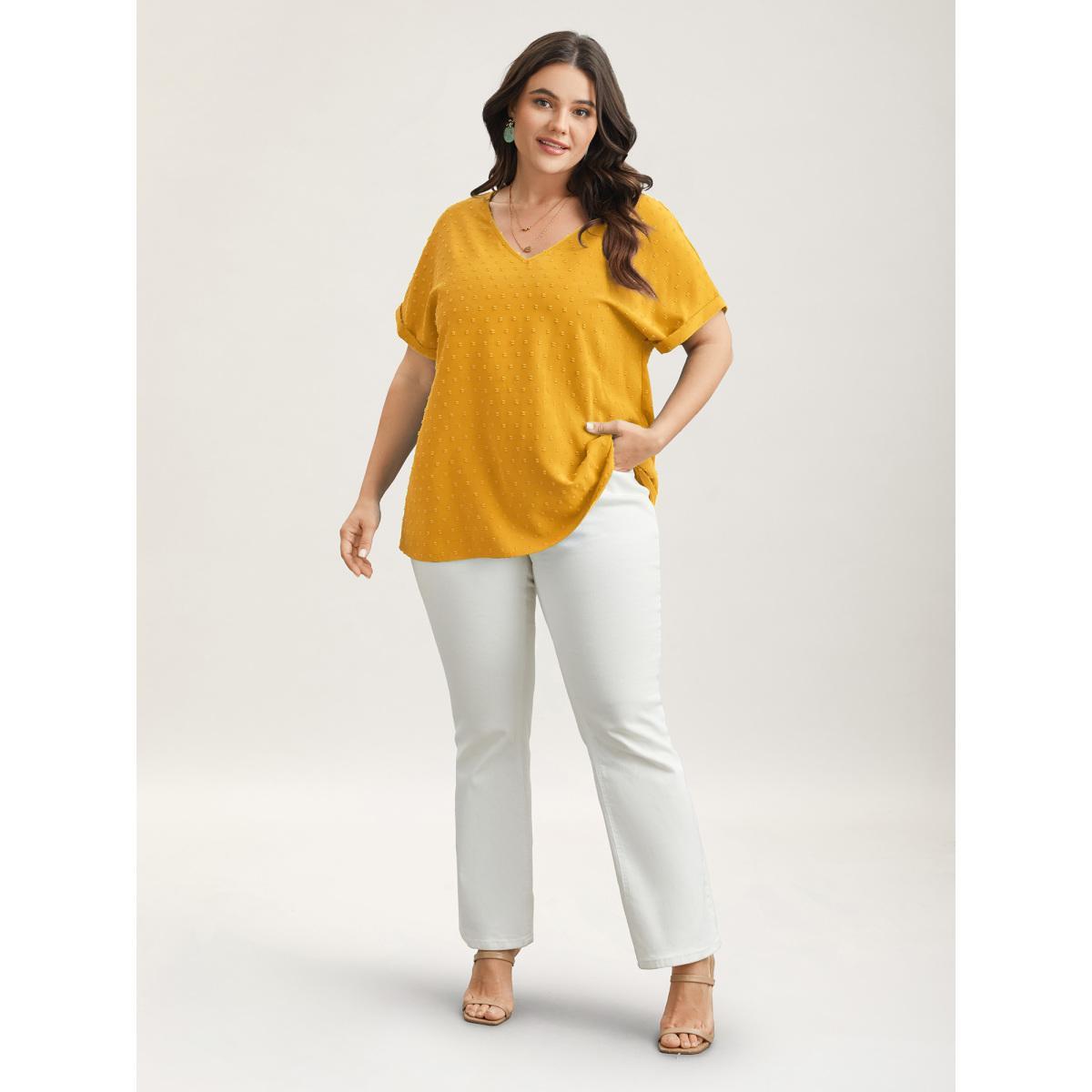 Plus Size Turmeric Back-Button Textured V-Neck Shirt Women Elegant Short sleeve V-neck Everyday Blouses BloomChic 26/4X Product Image