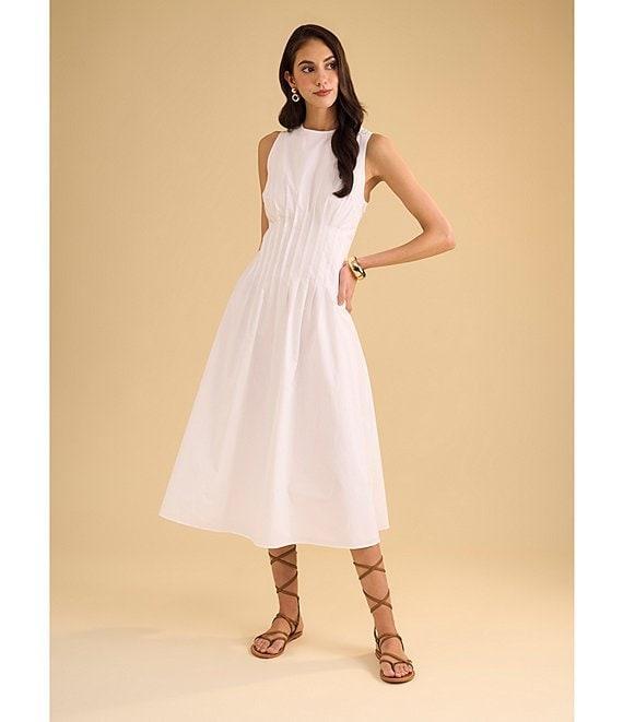 1. STATE Poplin Crew Neckline Sleeveless Pintuck Midi Fit And Flare Dress Product Image
