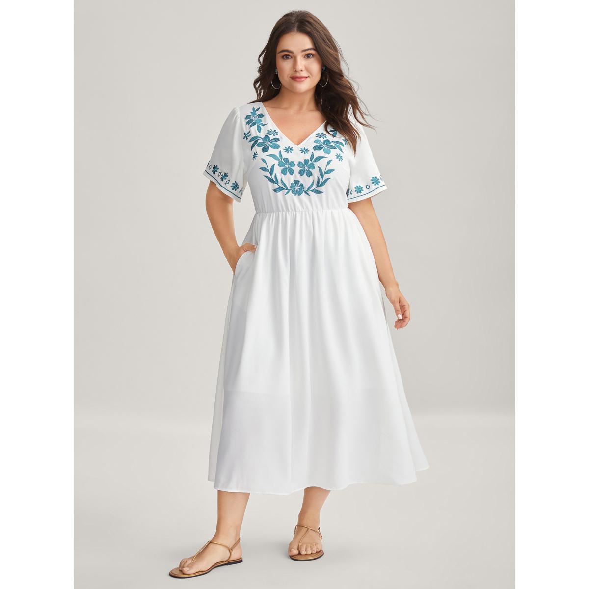 Plus Size Floral Embroidery Pockets Midi Dress WhiteSmoke Women V-neck Cap Sleeve Curvy BloomChic 14-16/1X Product Image