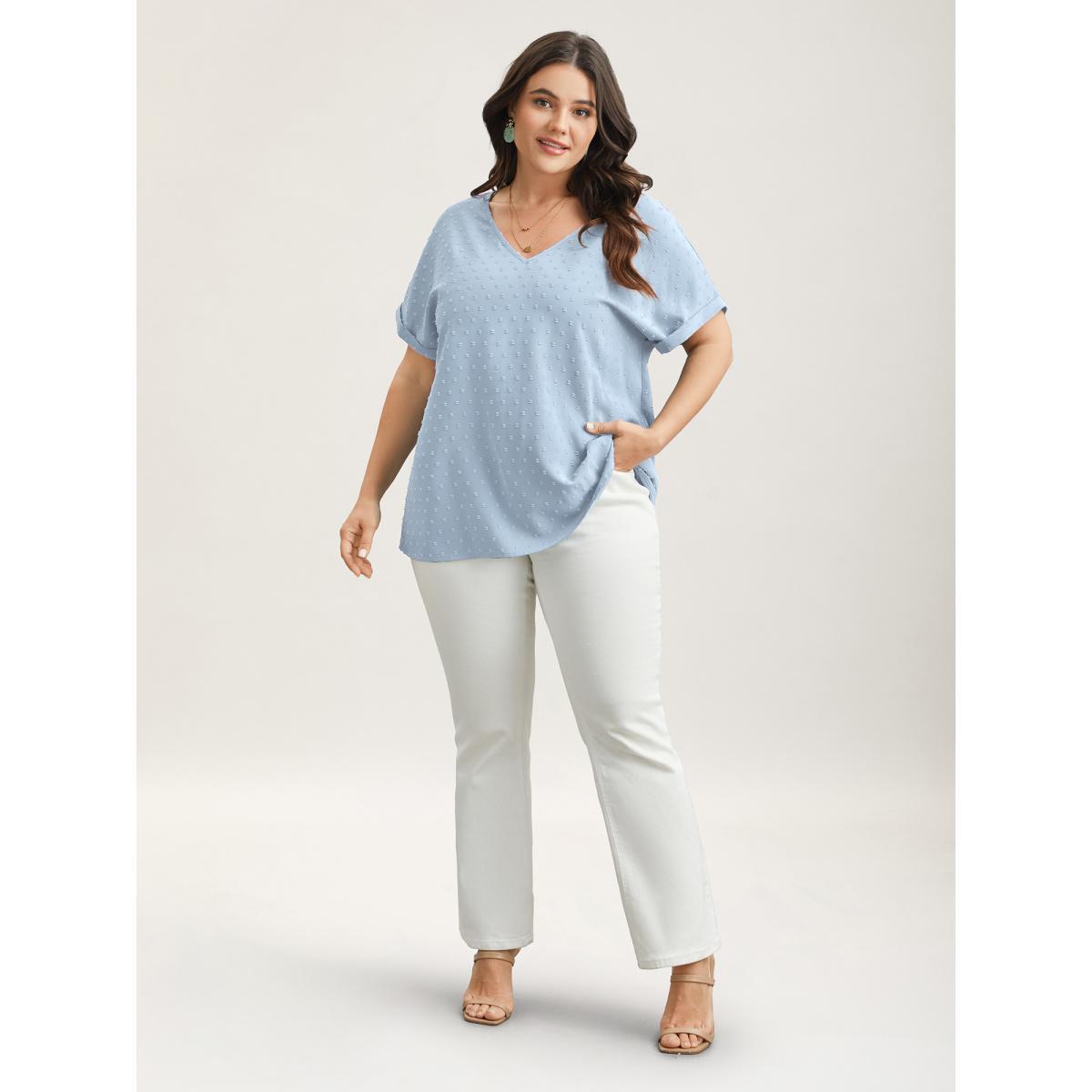 Plus Size LightBlue Back-Button Textured V-Neck Shirt Women Elegant Short sleeve V-neck Everyday Blouses BloomChic 14-16/1X Product Image