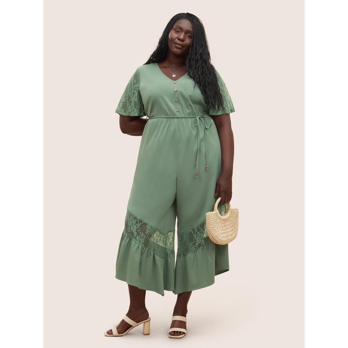 Plus Size Sage Solid Crochet Lace Mesh Ties Jumpsuit Women Resort Short sleeve V-neck Vacation Loose Jumpsuits BloomChic 28/5X Product Image
