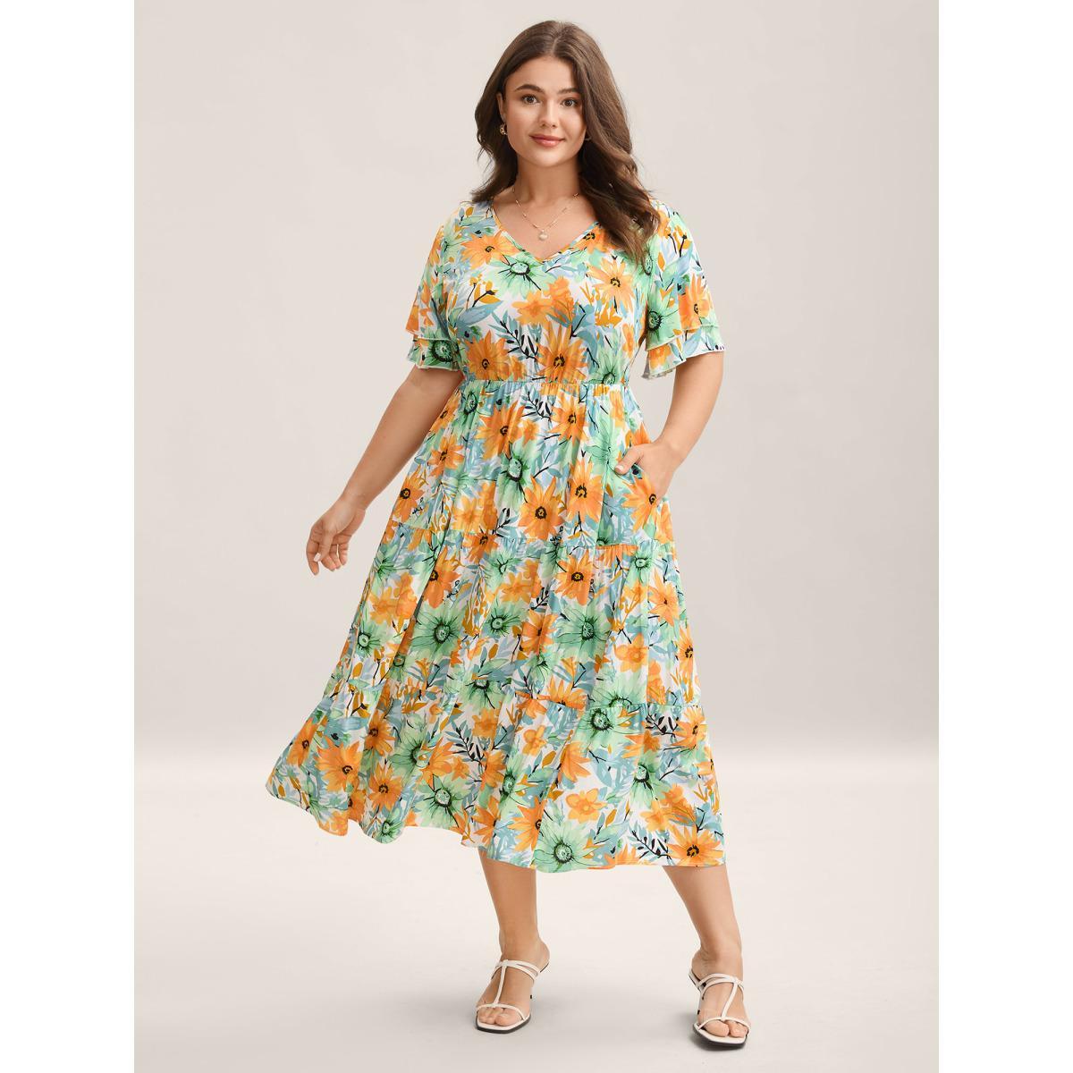 Plus Size Floral Print Rayon Pockets Tiered Midi Dress Beige Women V-neck Short sleeve Curvy BloomChic 26/4X Product Image