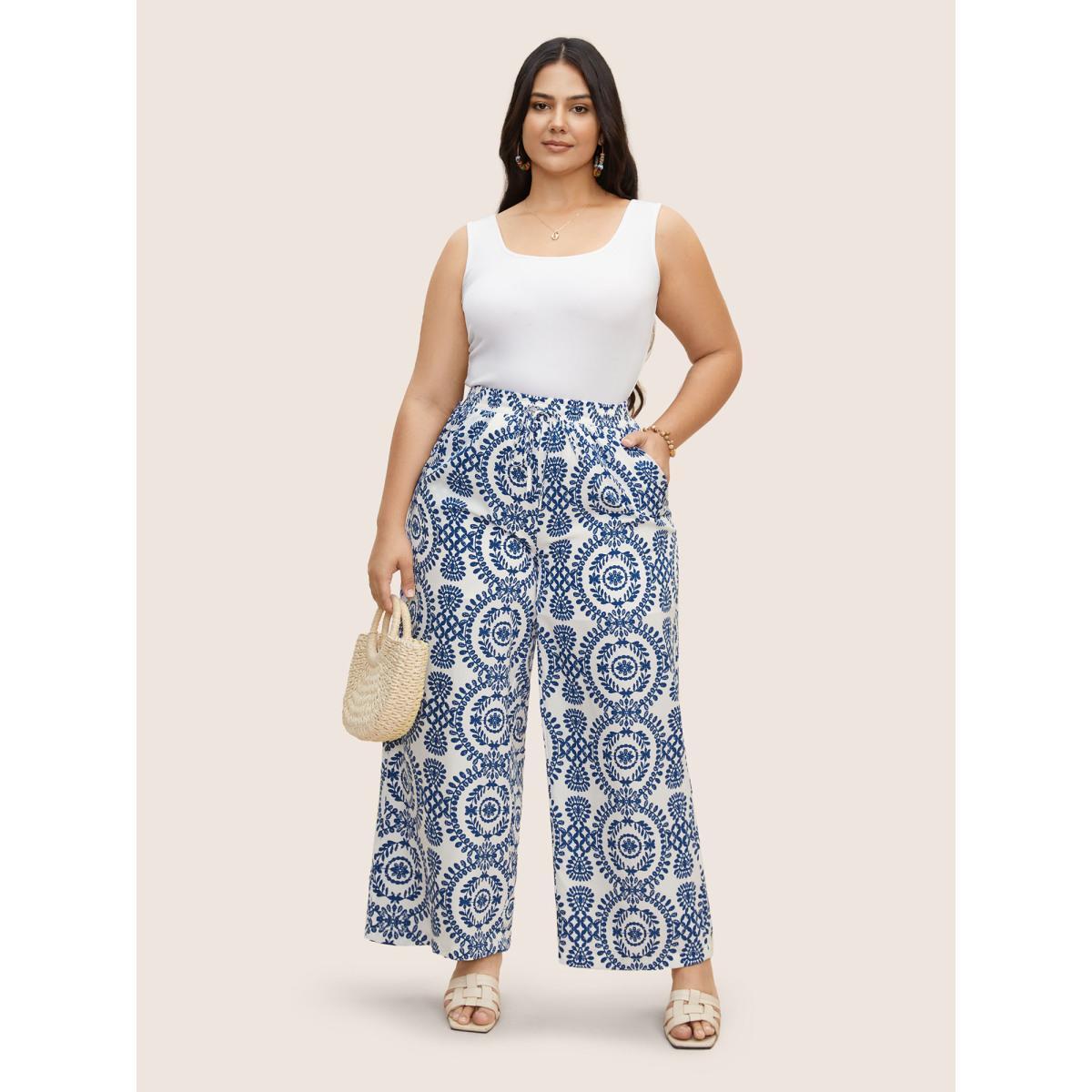 Plus Size Bandana Print Drawstring Wide Leg Pants Women Indigo Resort Wide Leg High Rise Vacation Pants BloomChic 30/6X Product Image